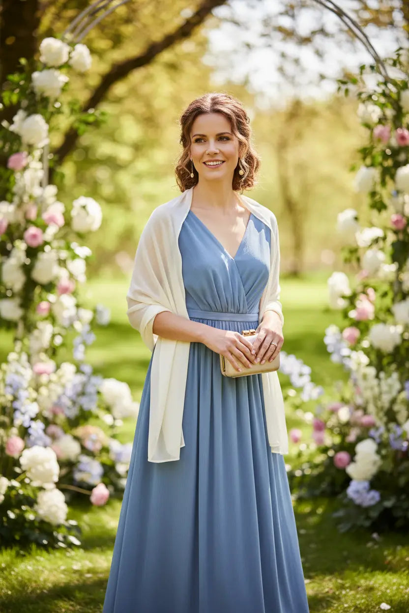 Kvinna i dovblå midiklänning med sjal som bröllopsgäst i en sommarträdgård