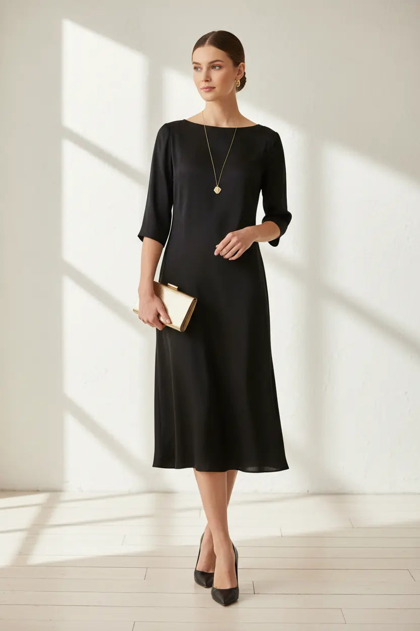 Kvinna i en klassisk liten svart klänning stylad med pumps, guldsmycken och clutch