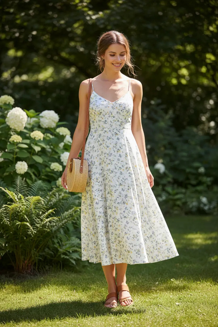 Kvinna i småblommig sommarklänning stylad med sandaletter och korgväska i en solig trädgård
