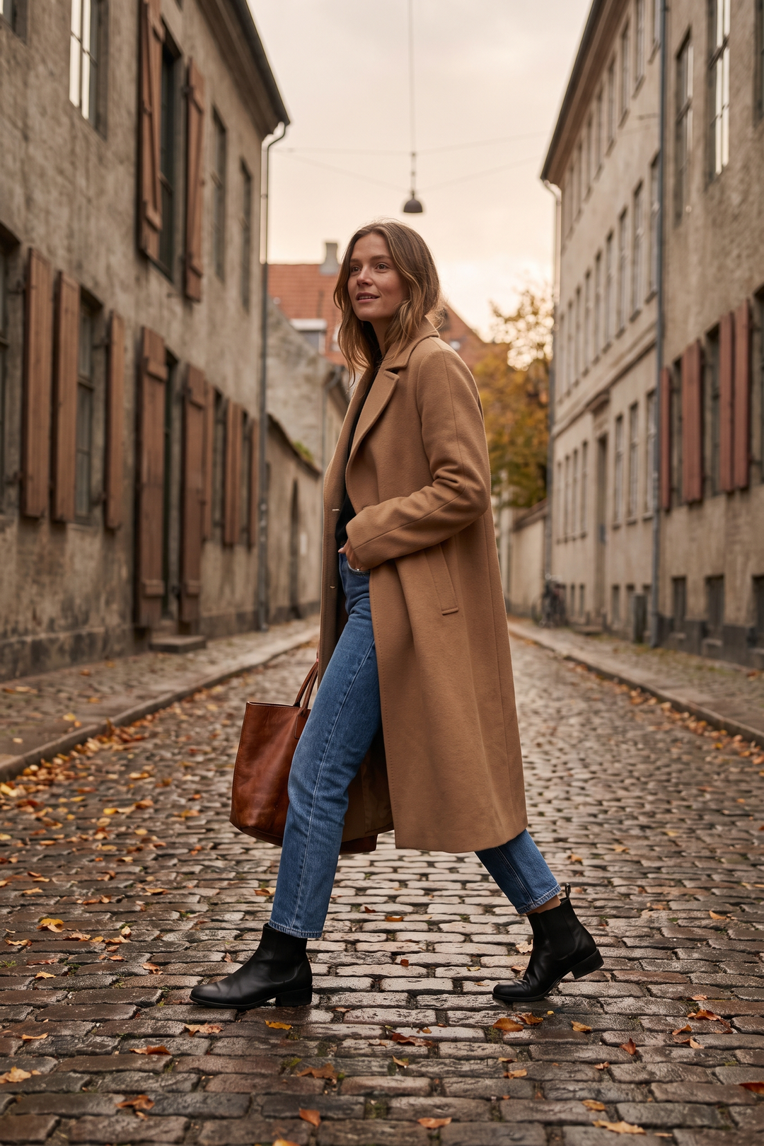 Kvinna i raka jeans, svarta ankelboots och kamelfärgad ullkappa på en kullerstensgata om hösten