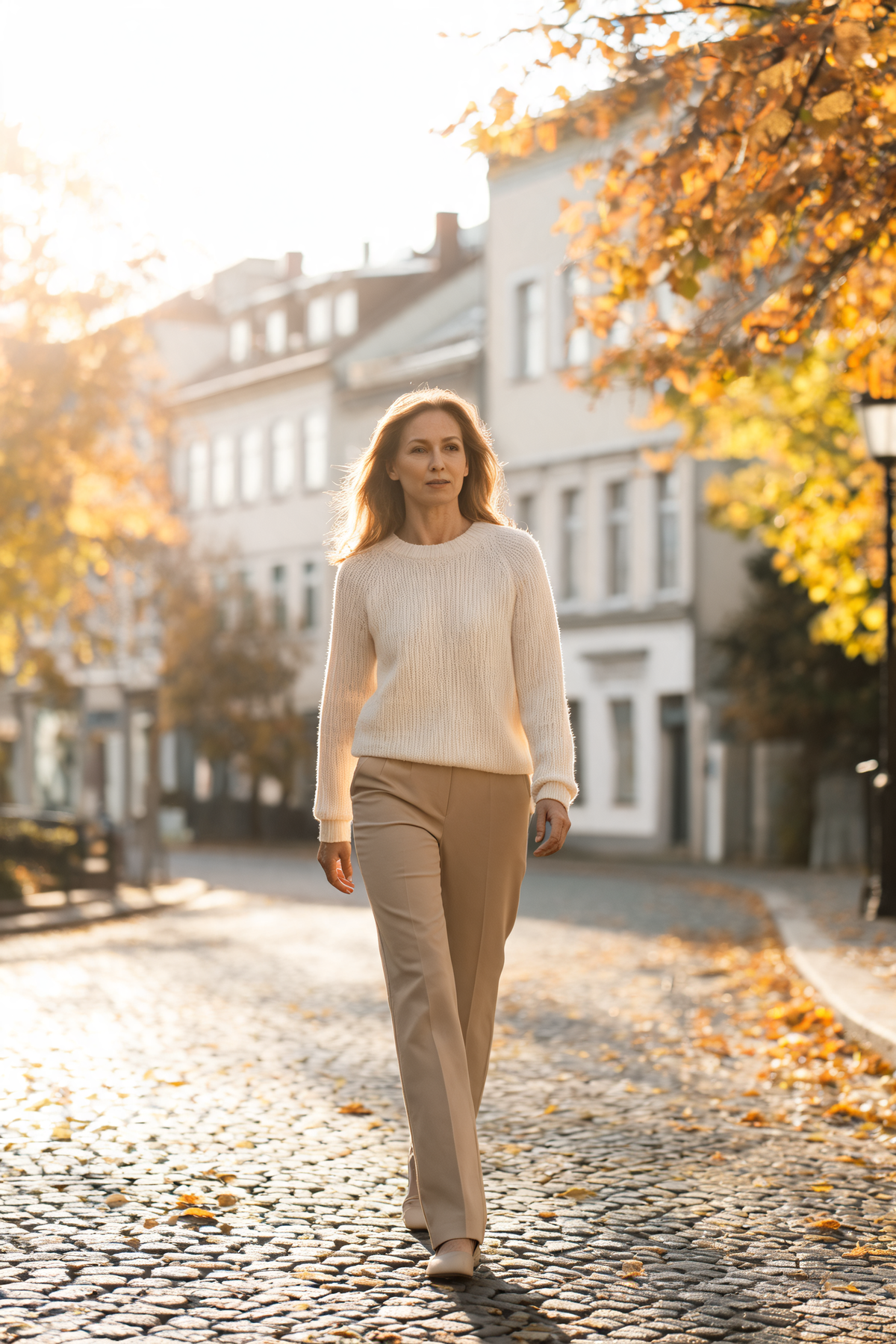 Kvinna i beige raka byxor och ljus finstickad tröja på en kullerstensgata i höstljus