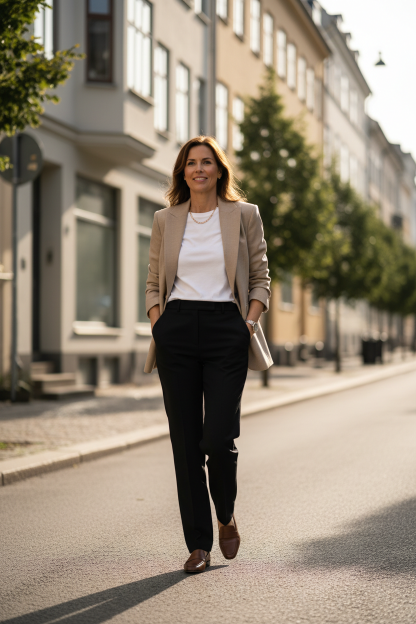 Kvinna i beige kavaj, vit t-shirt och svarta byxor promenerar på en solig stadsgata