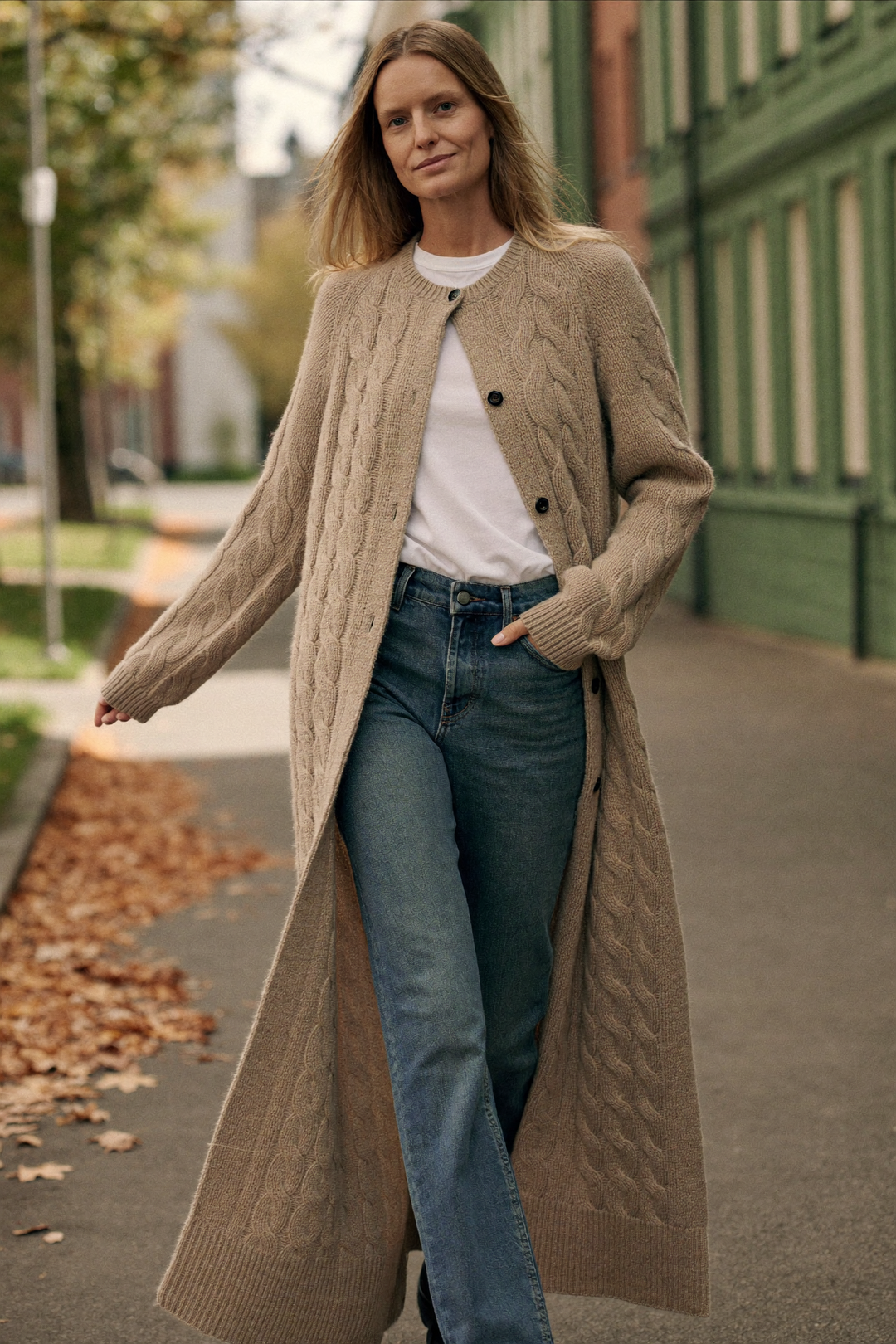 Kvinna i lång beige kabelstickad kofta buren öppen över vit t-shirt och jeans på en höstgata
