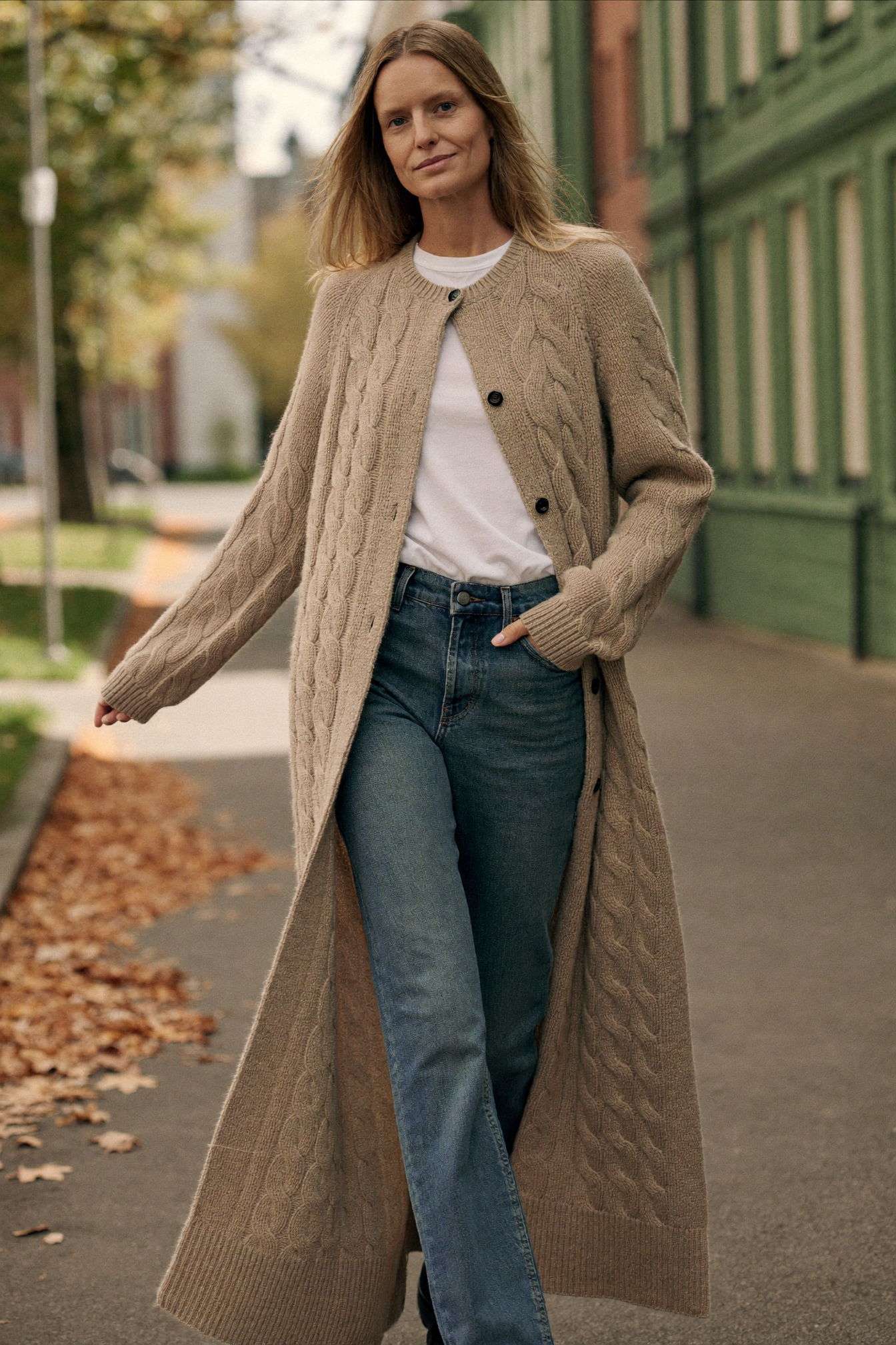 Kvinna i lång beige kabelstickad kofta buren öppen över vit t-shirt och jeans på en höstgata