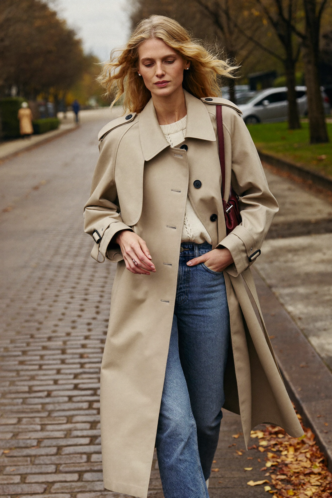 Kvinna i klassisk beige trenchcoat med skärp, ljus kabelstickad tröja och jeans på en kullerstensgata en höstdag