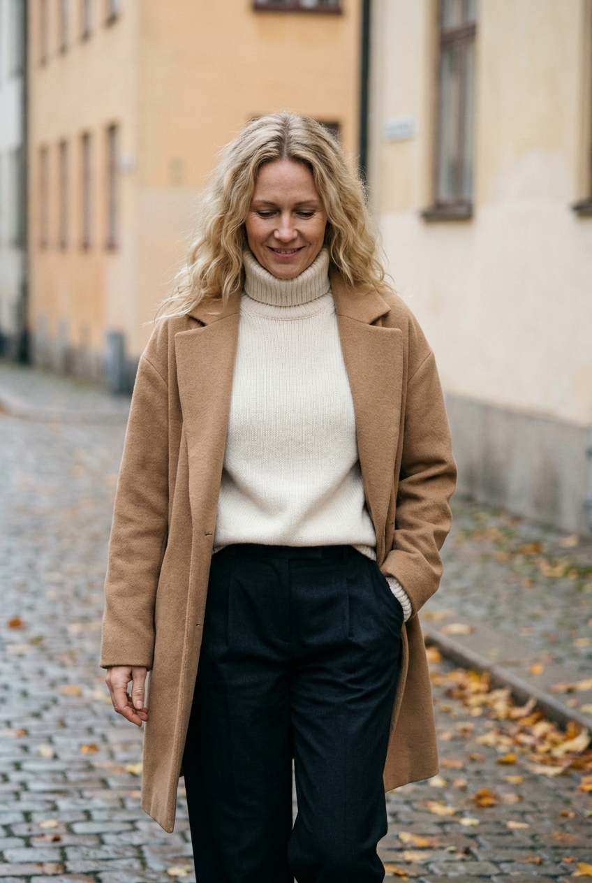 Kvinna i cremefärgad turtleneck under en kamelfärgad ullkappa på en kullerstensgata en höstmorgon