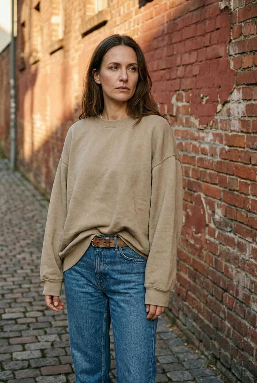 Kvinna i beige oversized sweatshirt och raka jeans framför en tegelvägg i höstljus