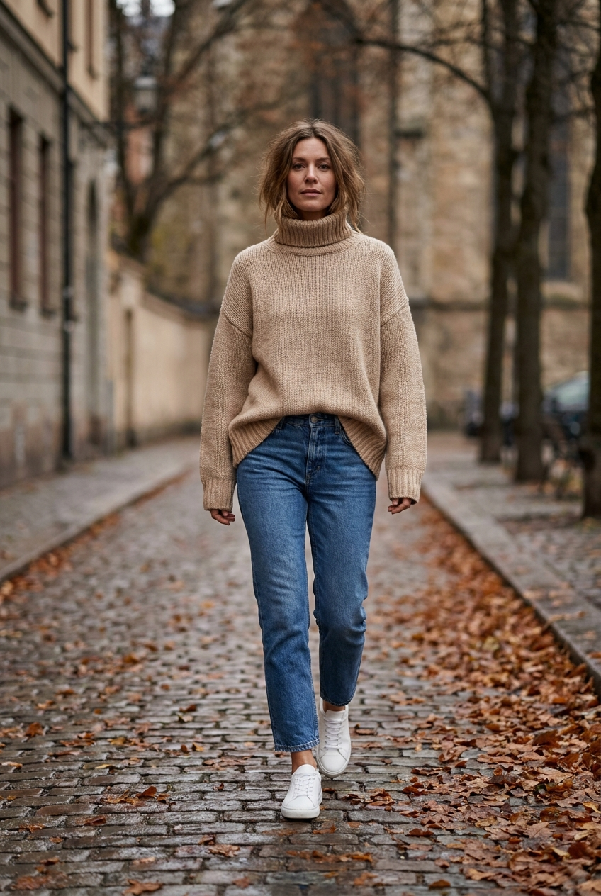Kvinna i vita sneakers, raka jeans och beige stickad tröja på en höstig kullerstensgata