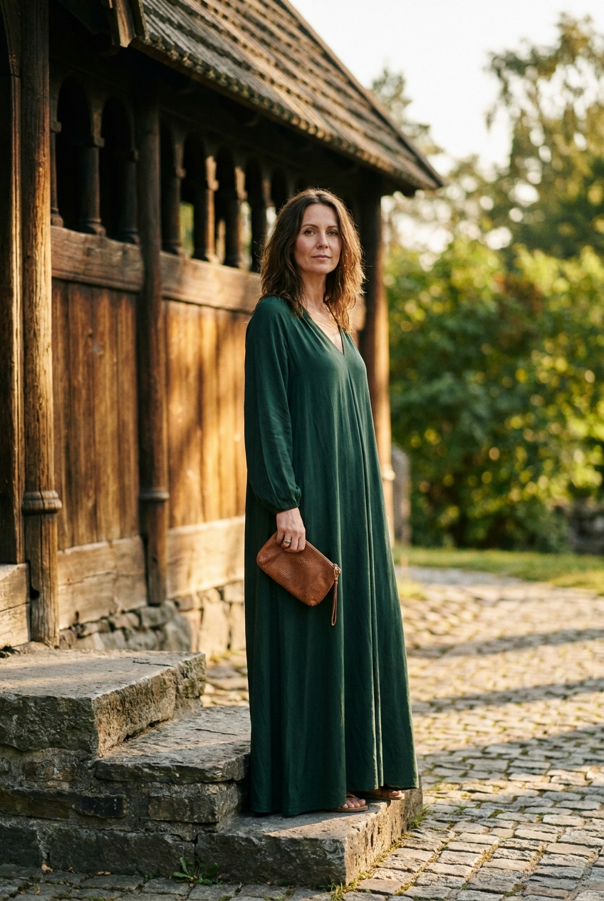 Bröllopsgäst i mörkgrön maxiklänning står i sensommarljus utanför en kyrka