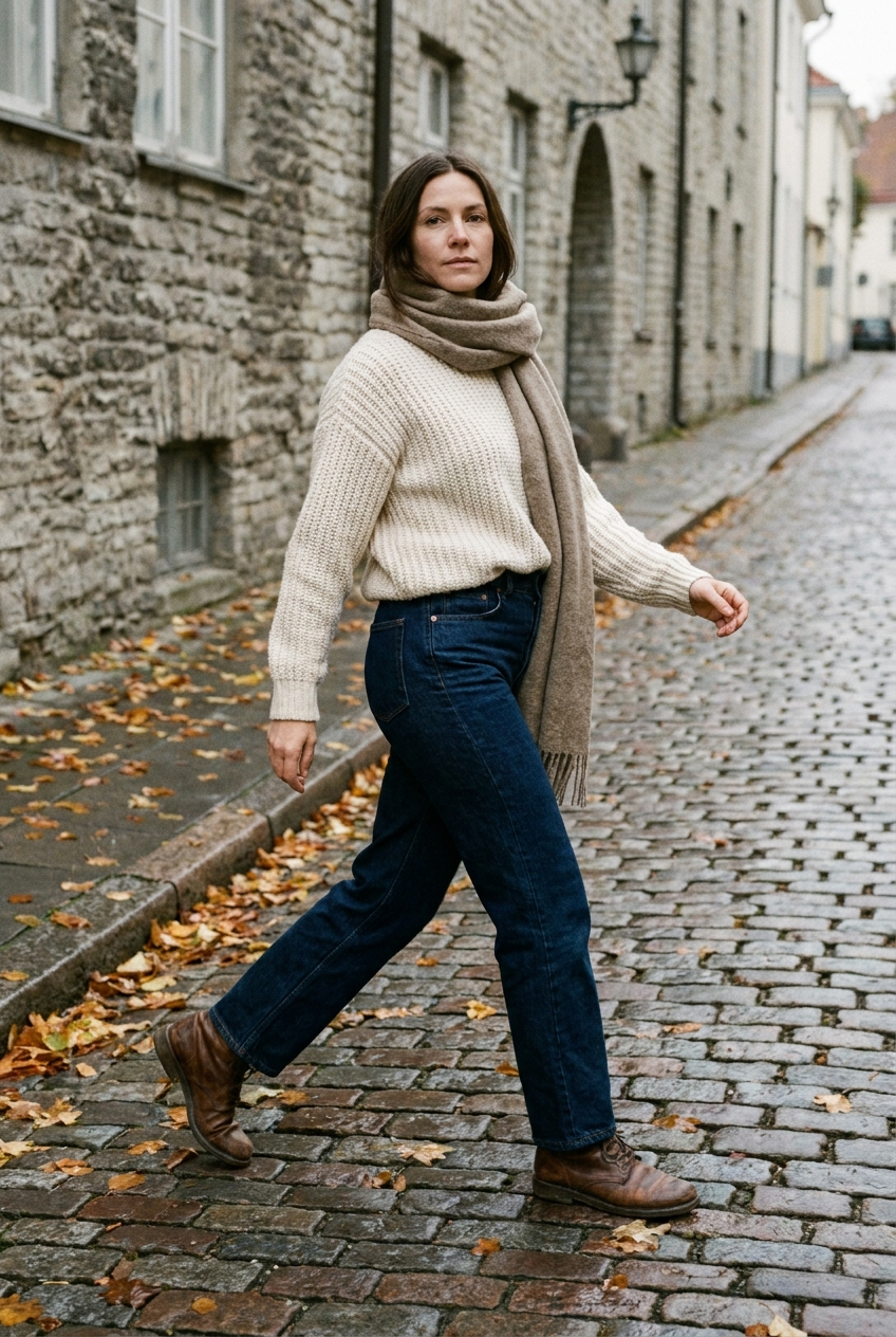 Kvinna i mörka högmidjade raka jeans och ljus stickad tröja går på kullersten en höstdag