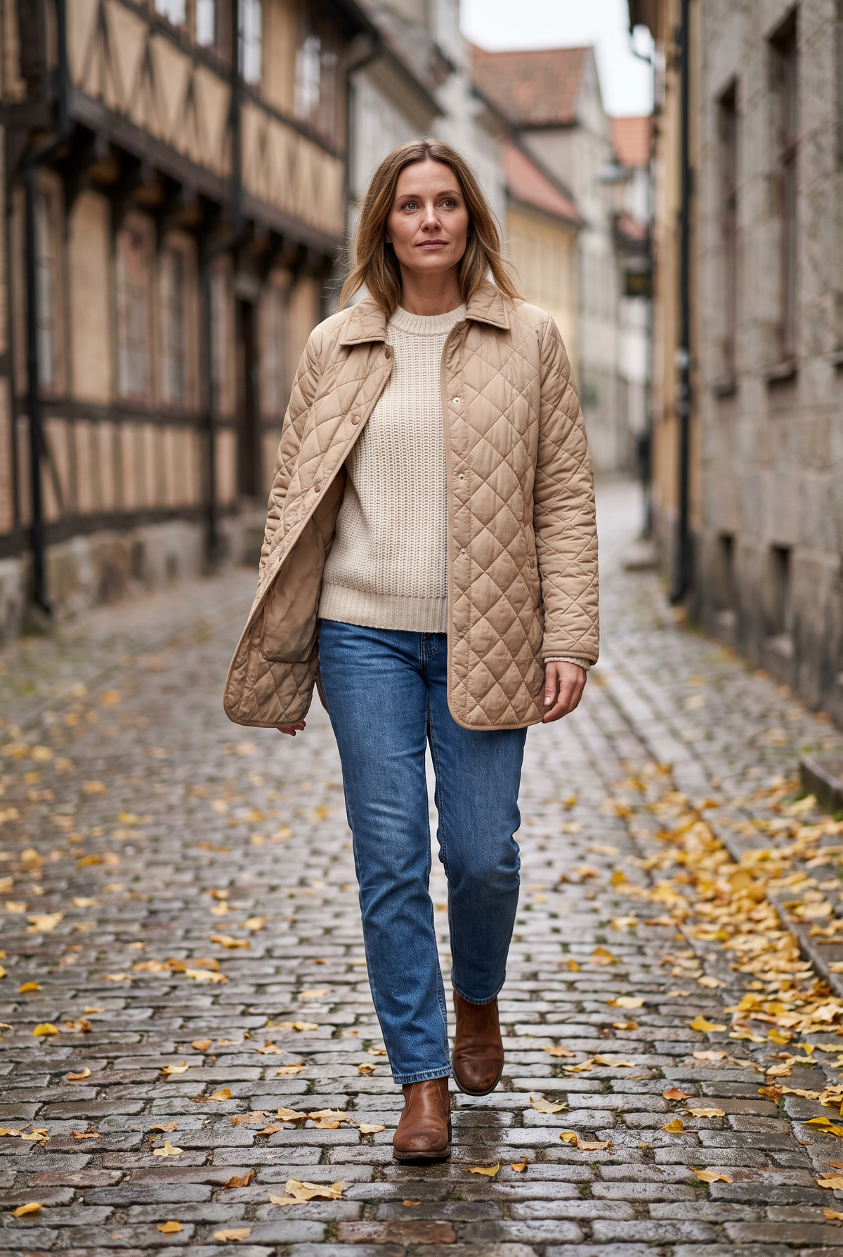 Kvinna i sandbeige quiltad jacka över grov cremefärgad stickad tröja på en kullerstensgata om hösten