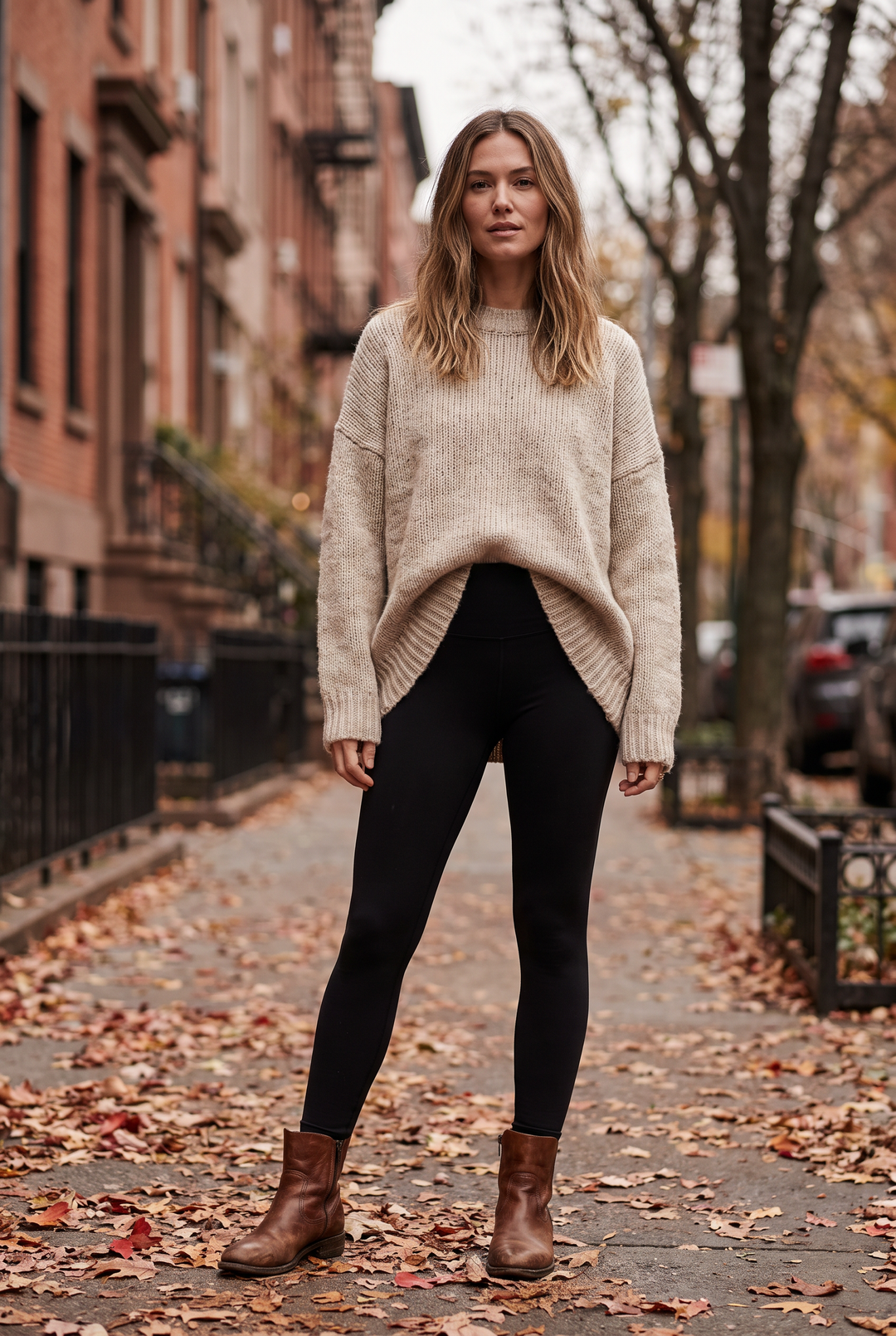 Kvinna i svarta högmidjade leggings, lång oversized stickad tröja och ankelboots på en höstgata