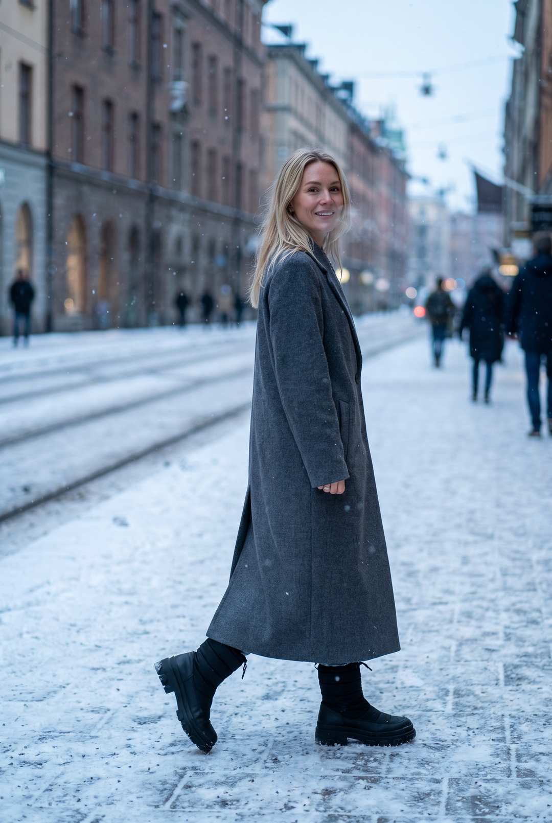 Kvinna i svarta isolerade vinterskor och ullkappa på en snötäckt gata i vinterljus