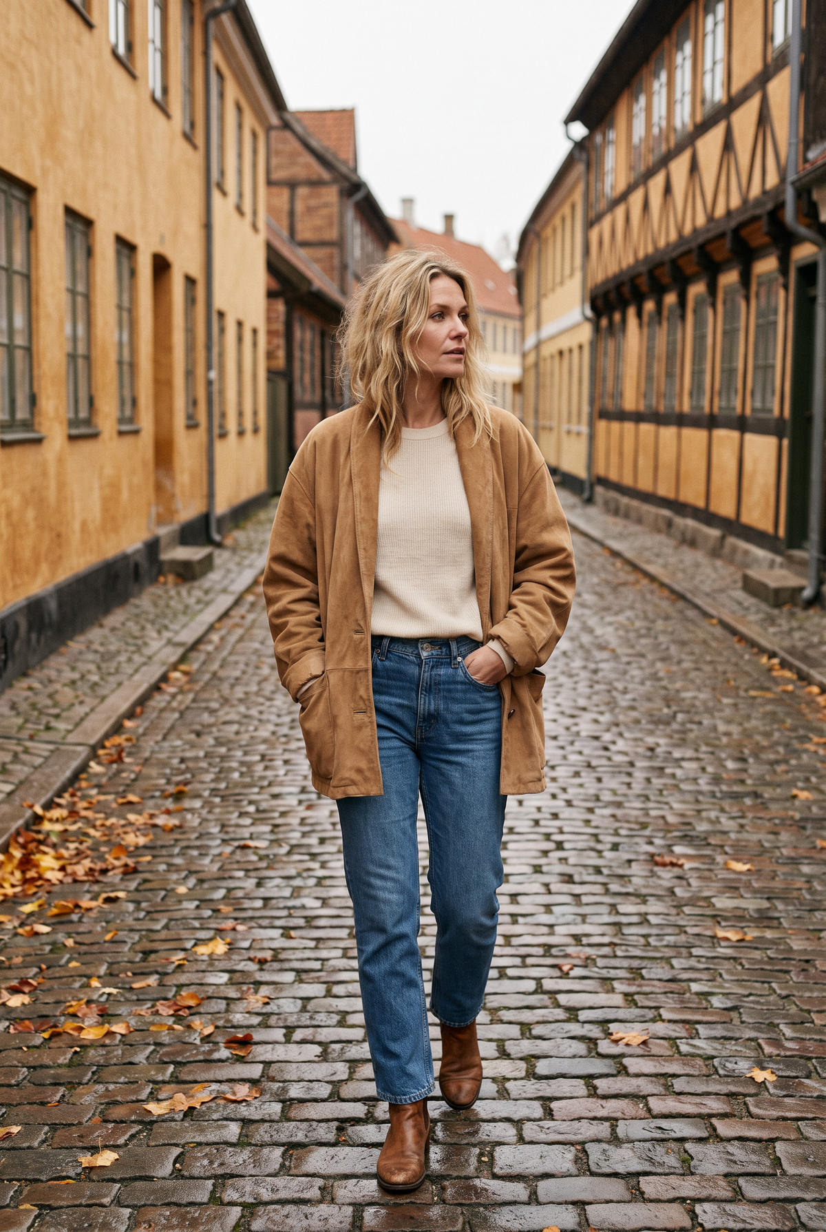 Kvinna i tan mockajacka och jeans på kullersten en höstmorgon