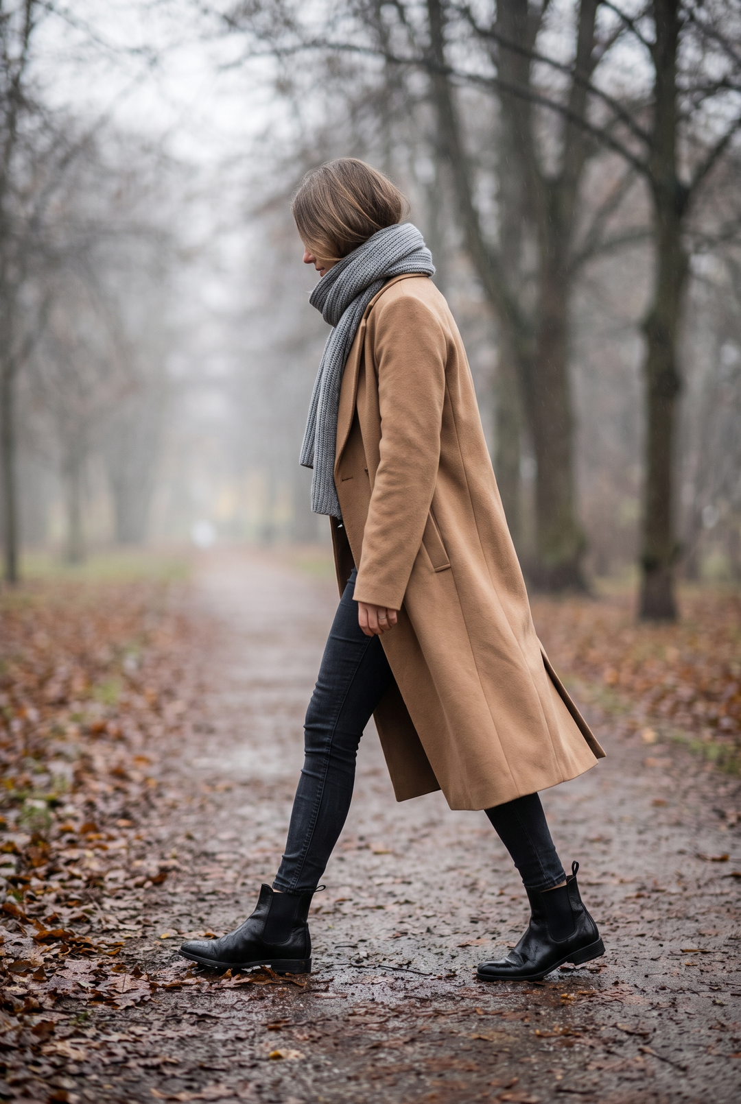 Kvinna i svarta chelsea boots och kappa på en fuktig höststig
