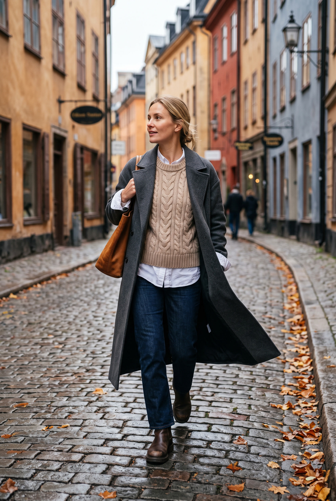 Kvinna i beige kabelstickad väst över vit skjorta och lång kappa på en höstgata