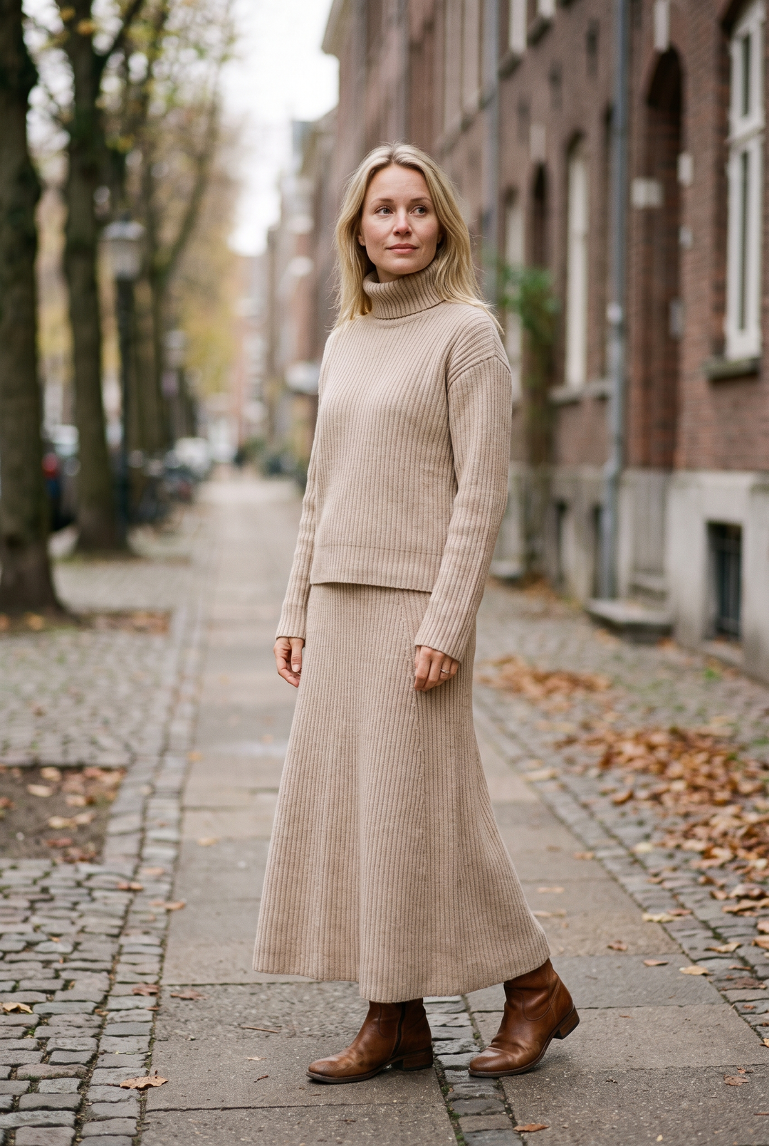 Kvinna i beige stickat set med polotröja och lång stickad maxikjol i höstljus