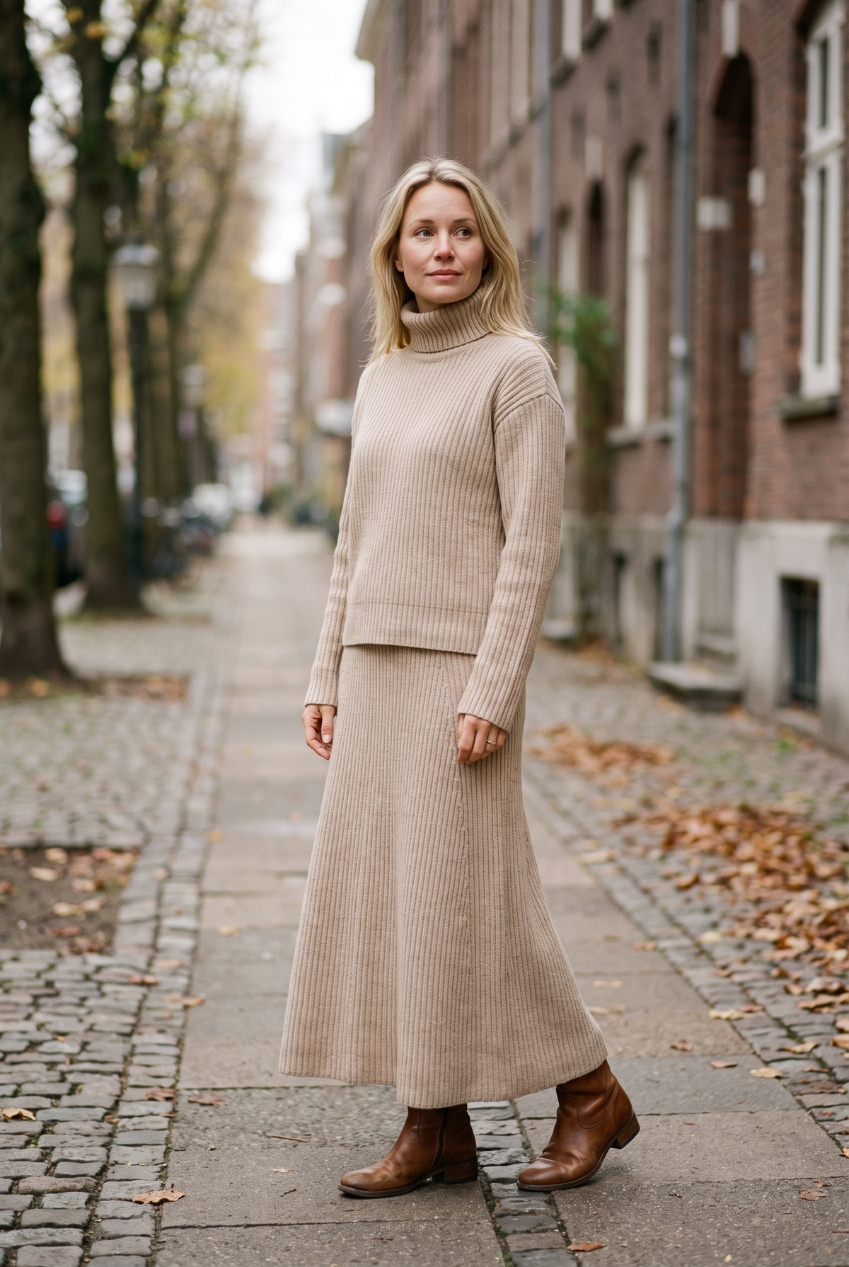 Kvinna i beige stickat set med polotröja och lång stickad maxikjol i höstljus
