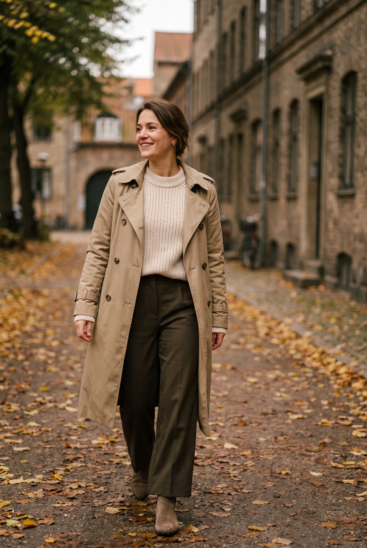 Kvinna i beige trenchcoat och stickad tröja på en höstgata med fallna löv