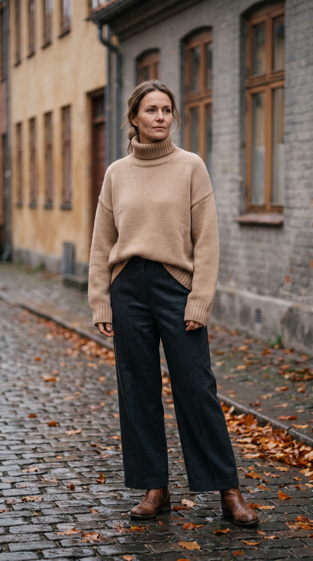 Kvinna i beige oversized polotröja och mörka byxor i höstljus