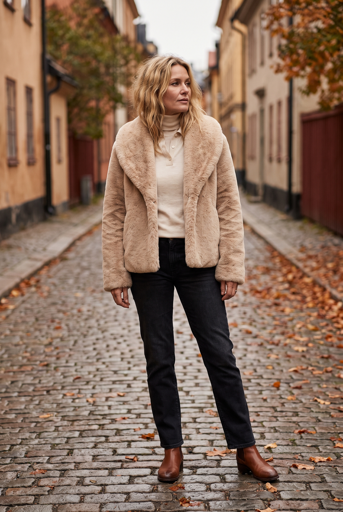 Kvinna i kort beige fuskpälsjacka med stor krage på en höstgata