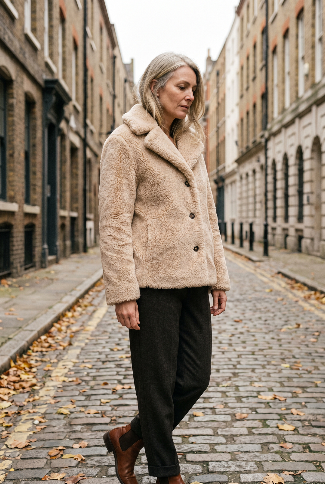 Kvinna i kort beige teddyjacka med reverskrage på en höstgata