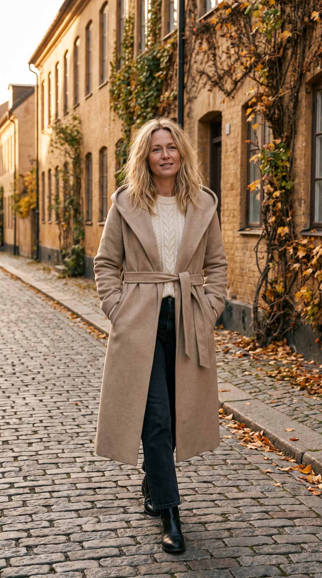 Kvinna i lång beige kappa med huva på en kullerstensgata i höstljus