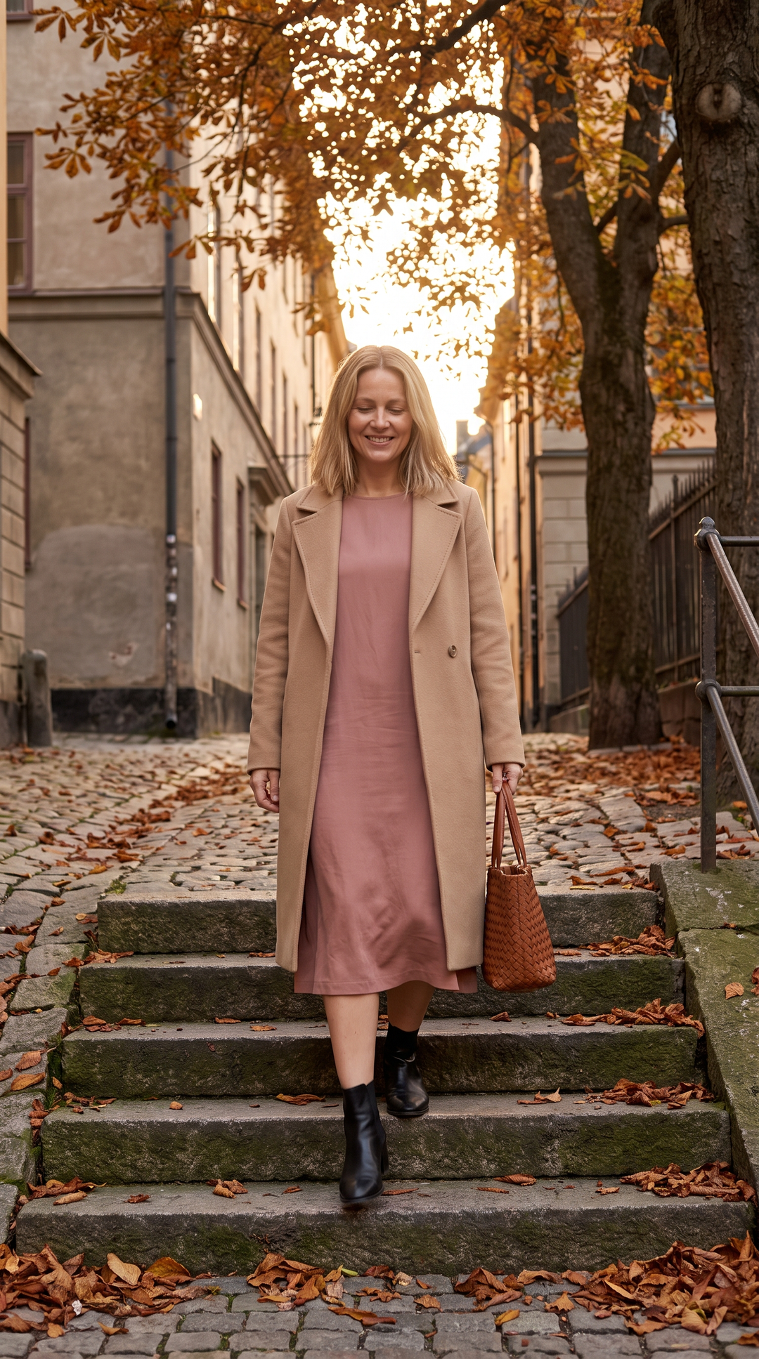 Kvinna i beige kappa öppen över rosa midiklänning på kullerstensgata i höstljus