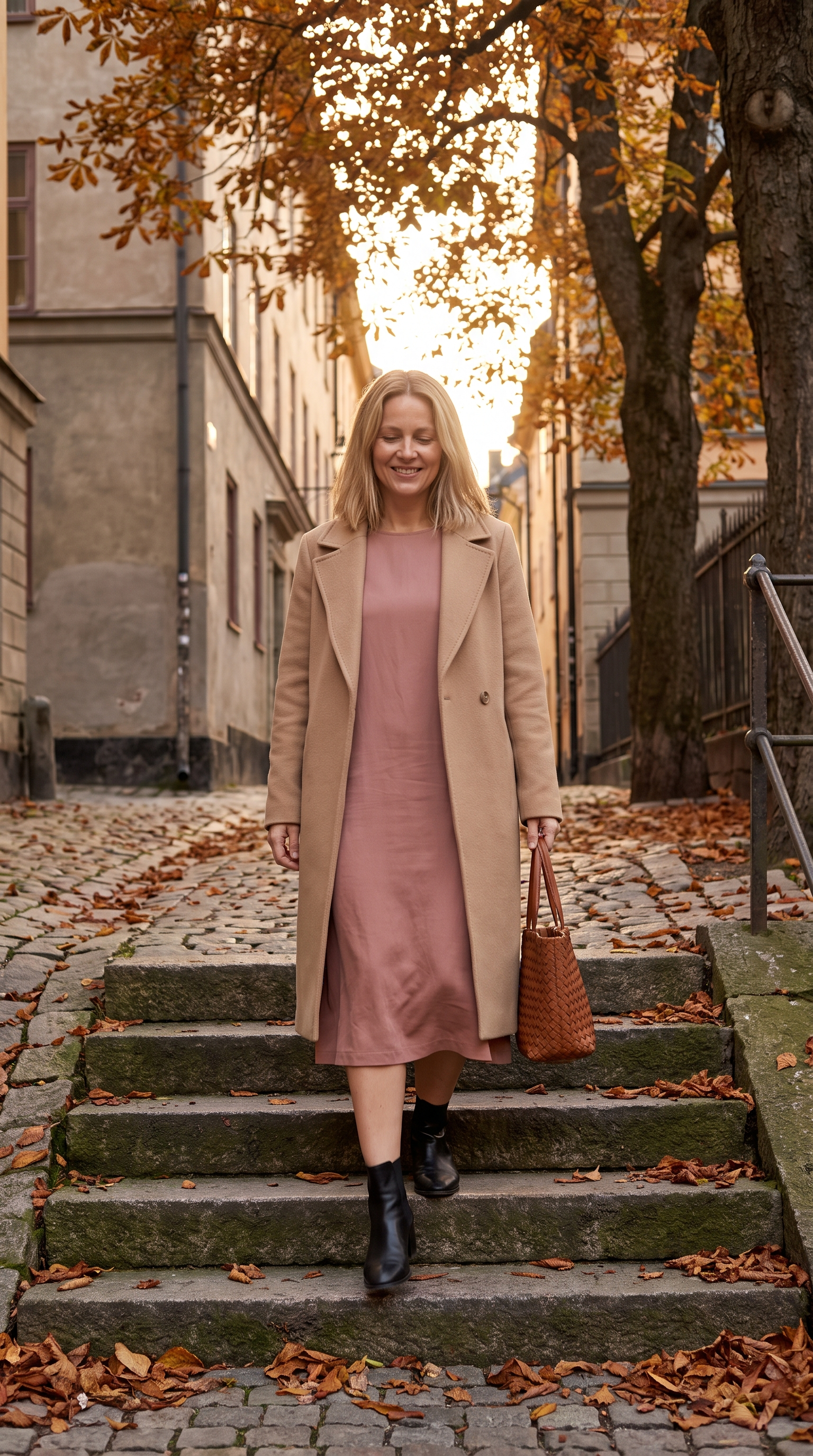 Kvinna i beige kappa öppen över rosa midiklänning på kullerstensgata i höstljus