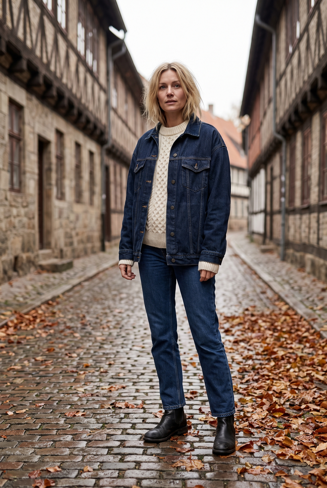 Kvinna i mörk oversized jeansjacka över stickad tröja på höstgata