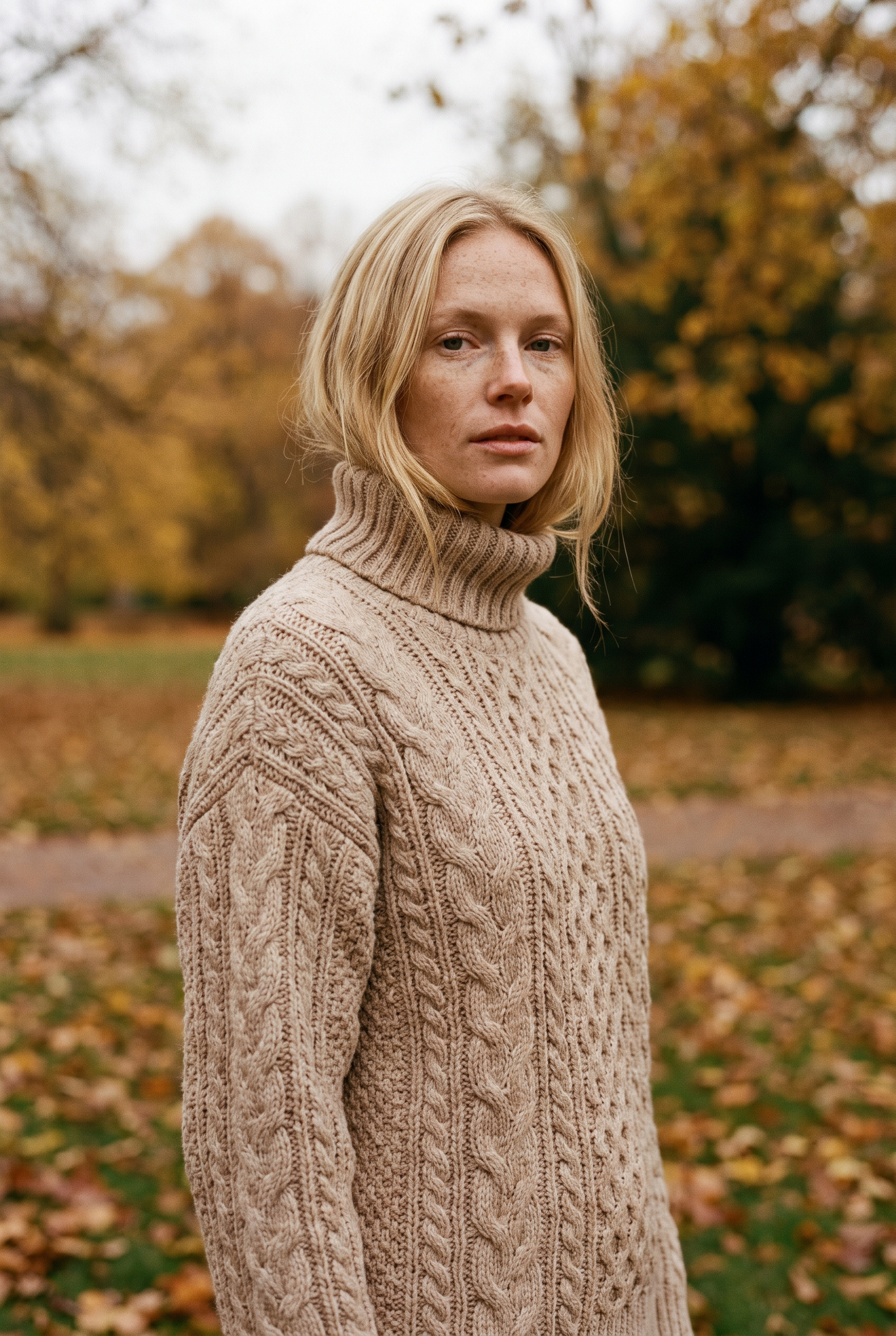Kvinna i grov beige kabelstickad tröja med hög hals mot höstlig bakgrund