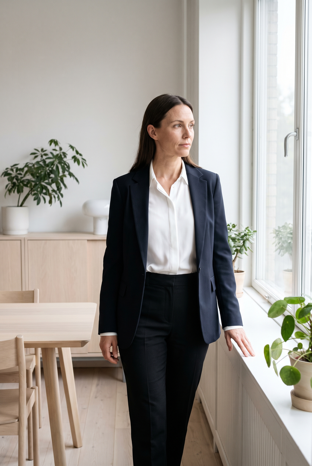 Kvinna i svarta kostymbyxor, vit blus och mörk kavaj på ett ljust kontor