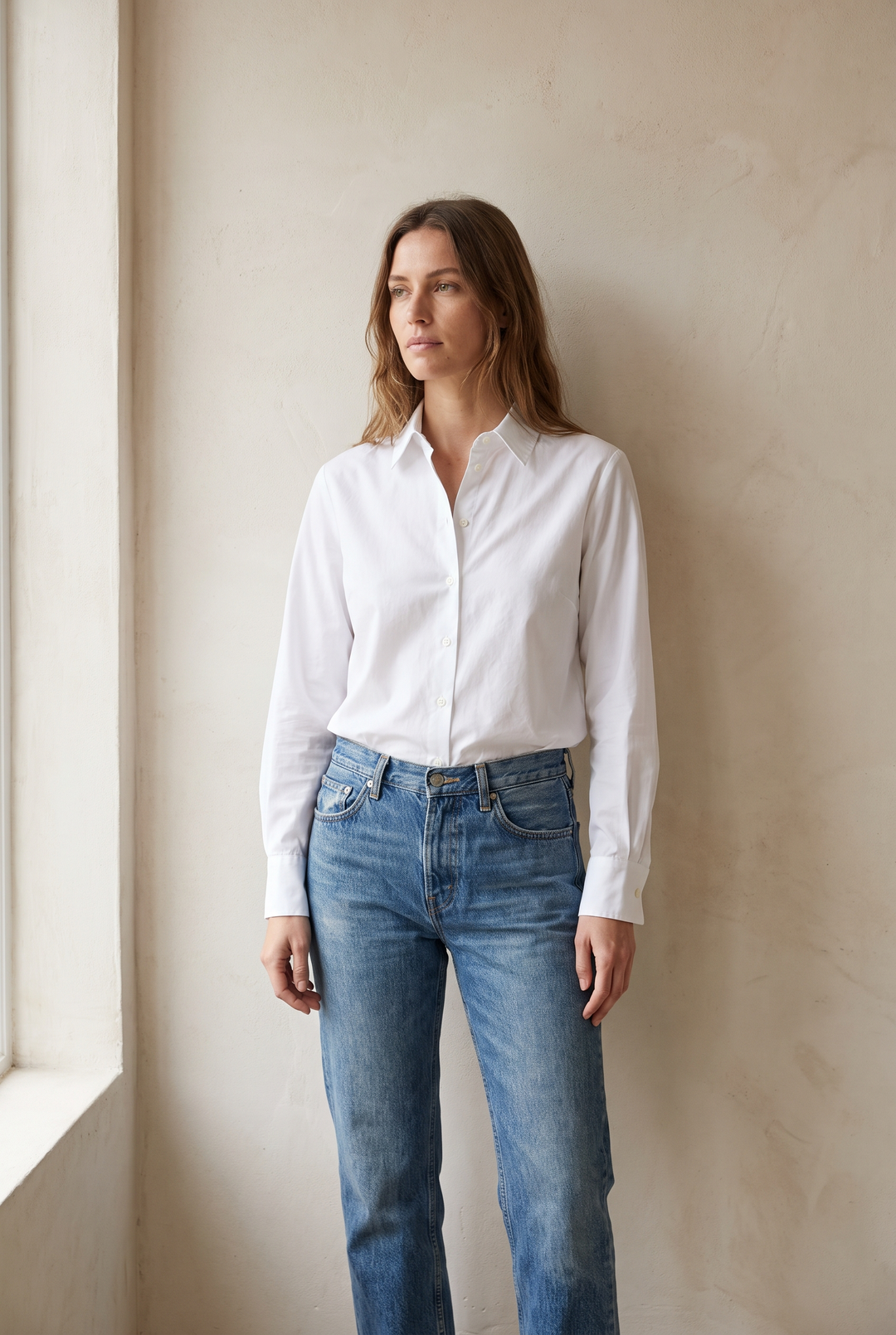 Kvinna i skräddarsydd vit skjorta med klassisk krage och raka jeans