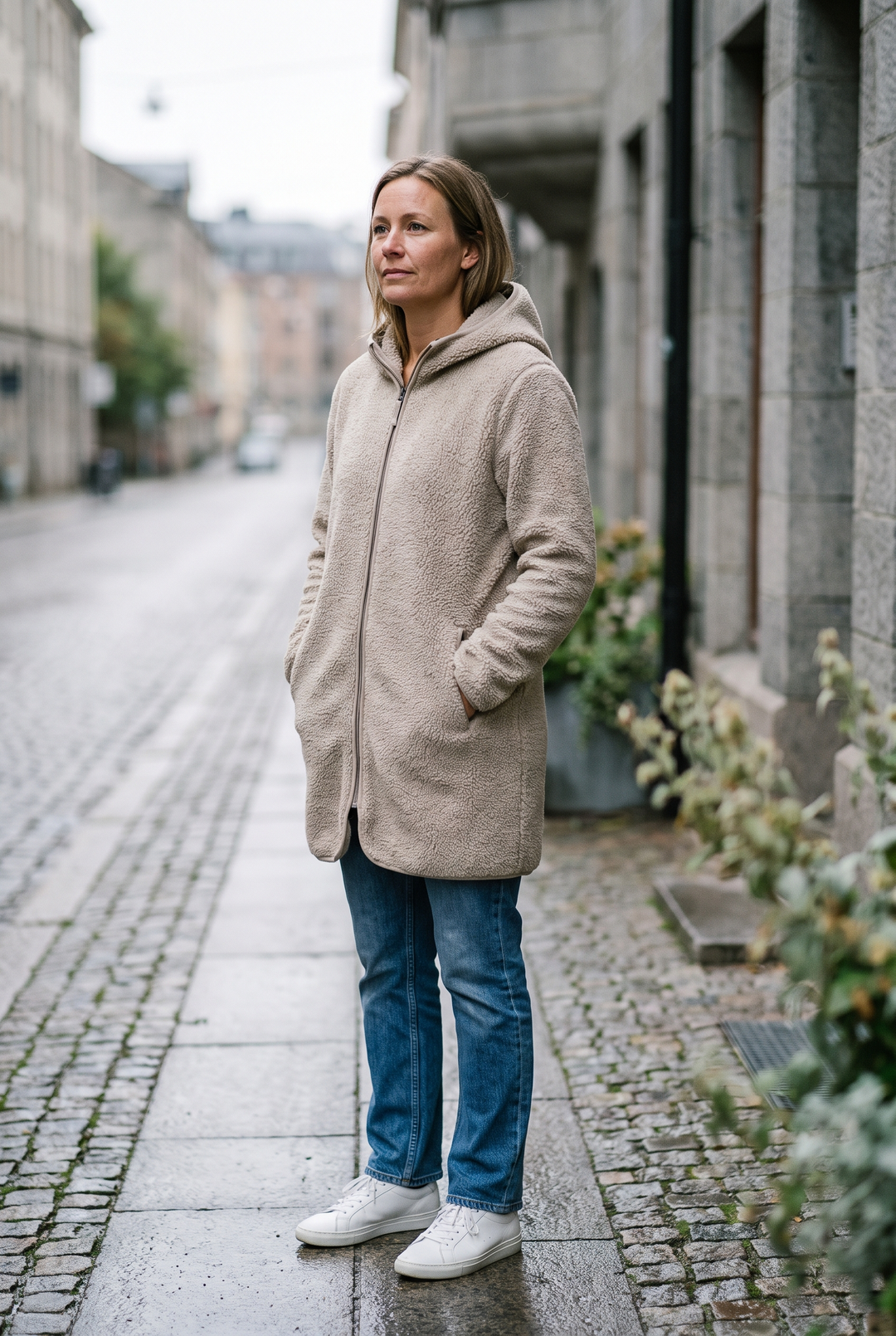 Kvinna i lång beige fleecekofta med huva, raka jeans och vita sneakers på en våt kullerstensgata i höstljus