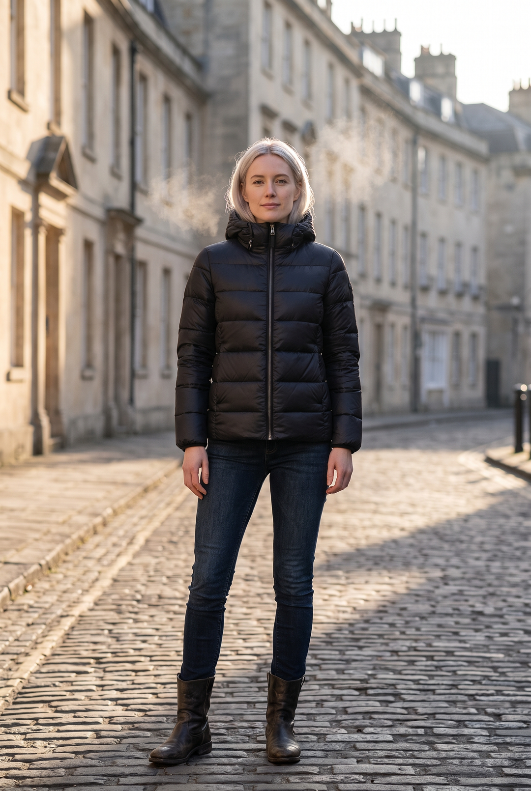 Kvinna i svart quiltad pufferjacka med huva och mörka jeans på en kullerstensgata i kall morgonsol
