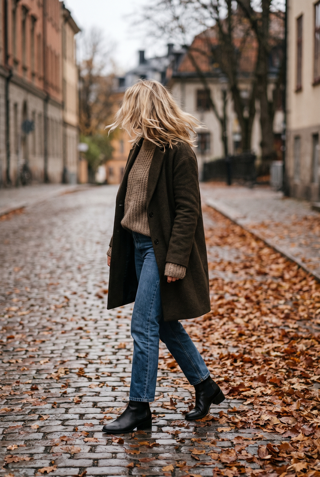Kvinna i svarta ankelboots med låg klack och raka jeans på en höstgata med löv