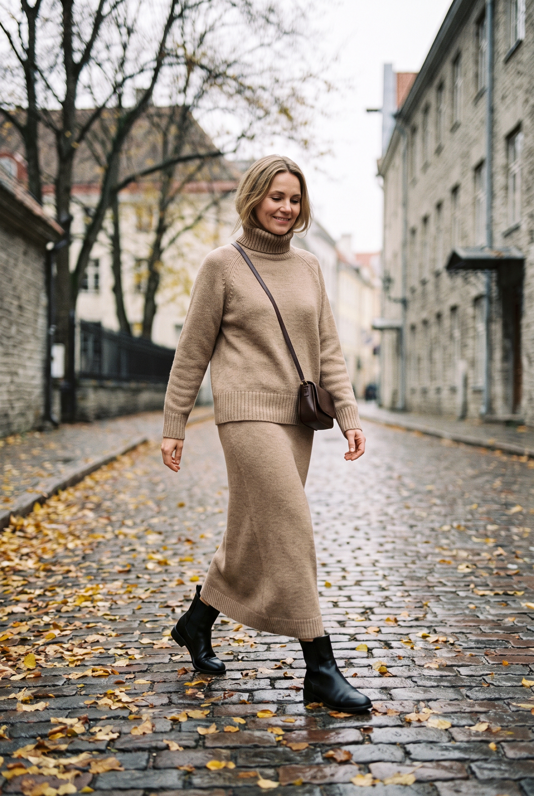 Kvinna i beige stickat matchande set med polokrage och lång kjol på en höstgata