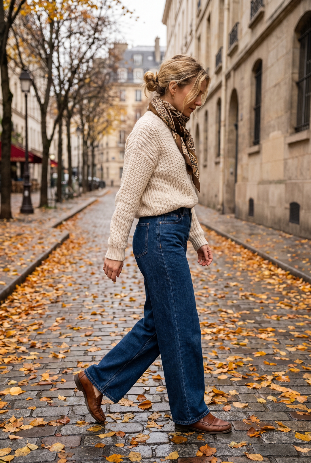 Kvinna i vida högmidjade jeans och loafers på en kullerstensgata en höstdag