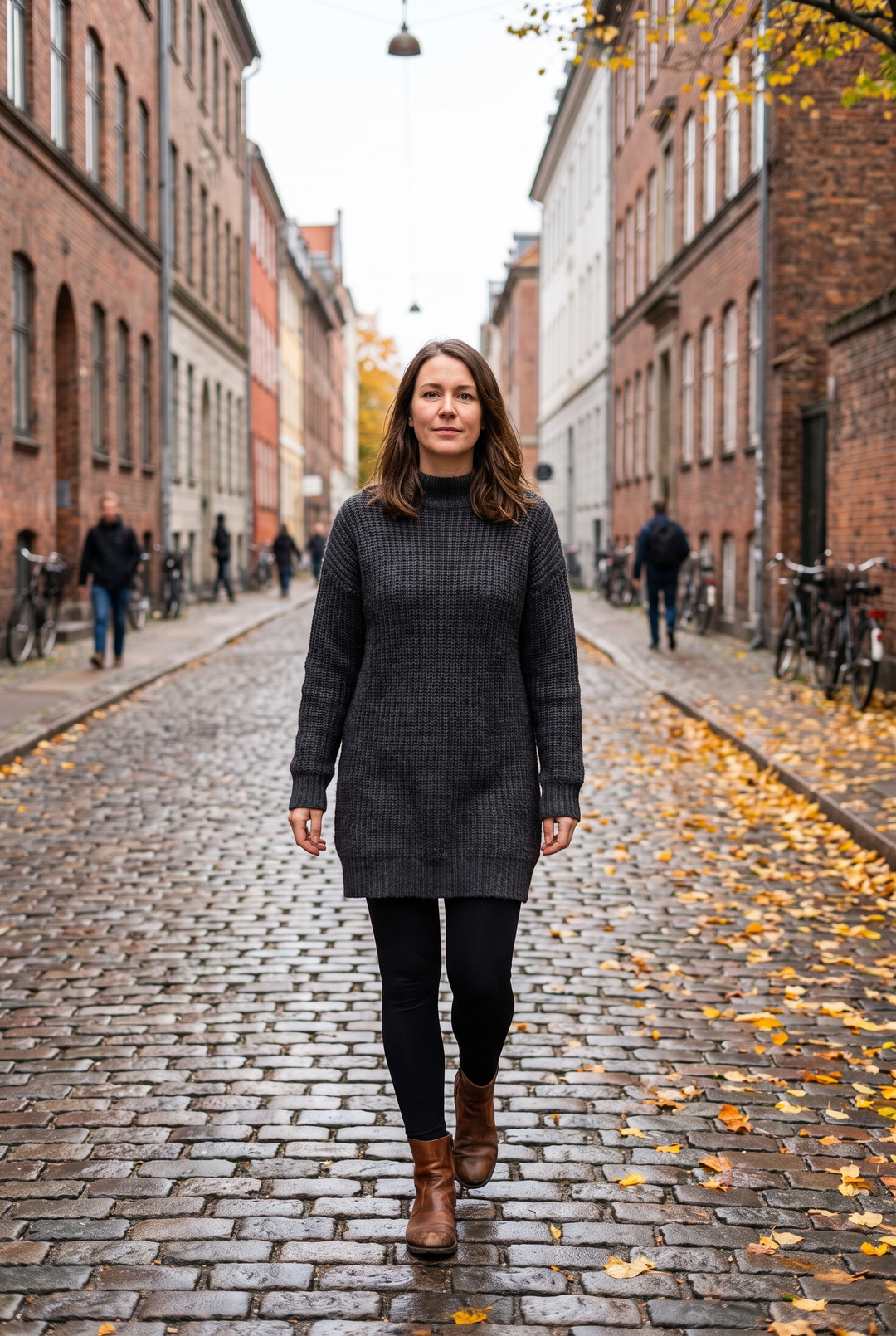 Kvinna i grå stickad klänning med svarta leggings och bruna boots på en höstig kullerstensgata
