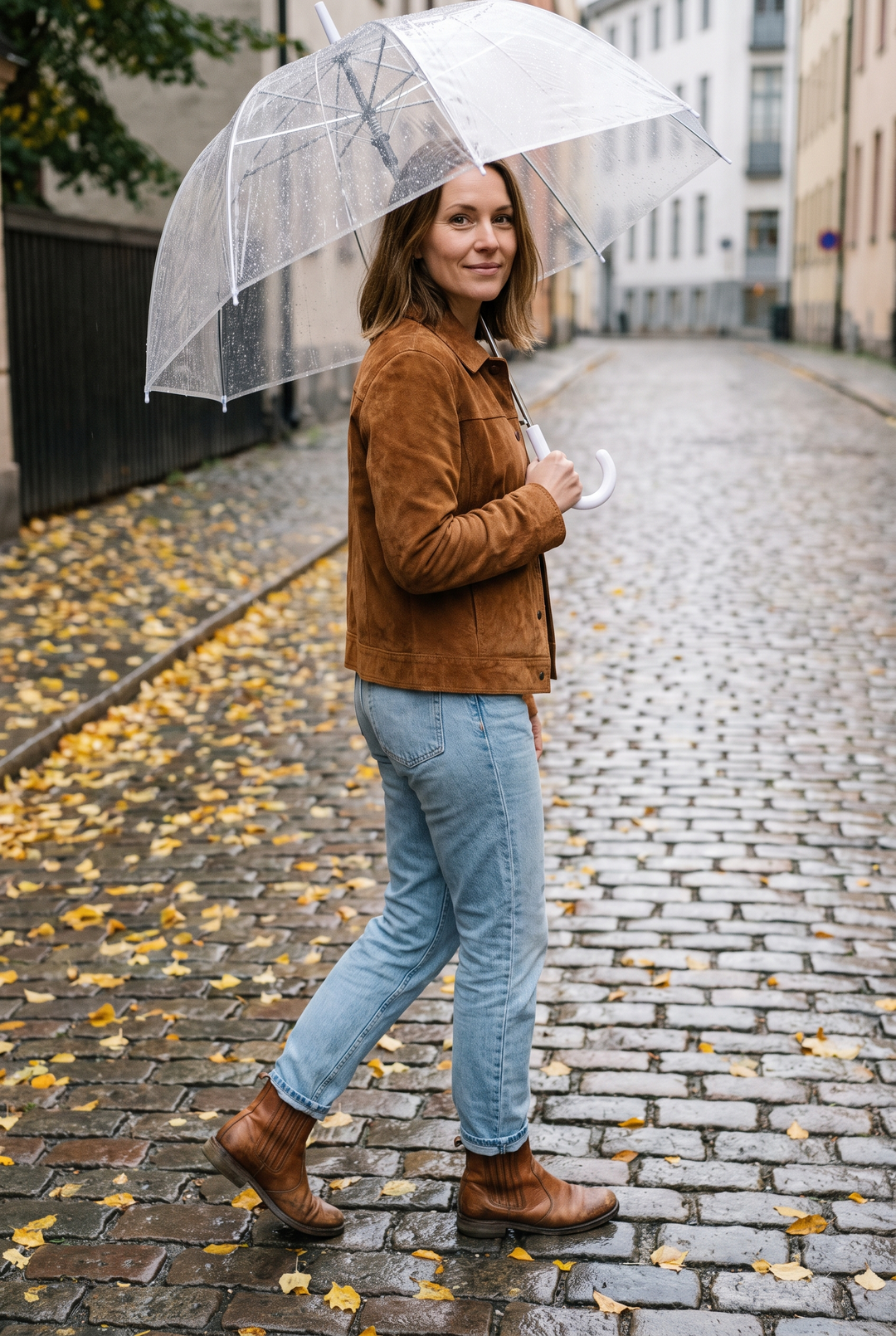 Kvinna i konjaksbrun mockajacka och jeans som går under ett paraply på en blöt kullerstensgata en grå höstdag