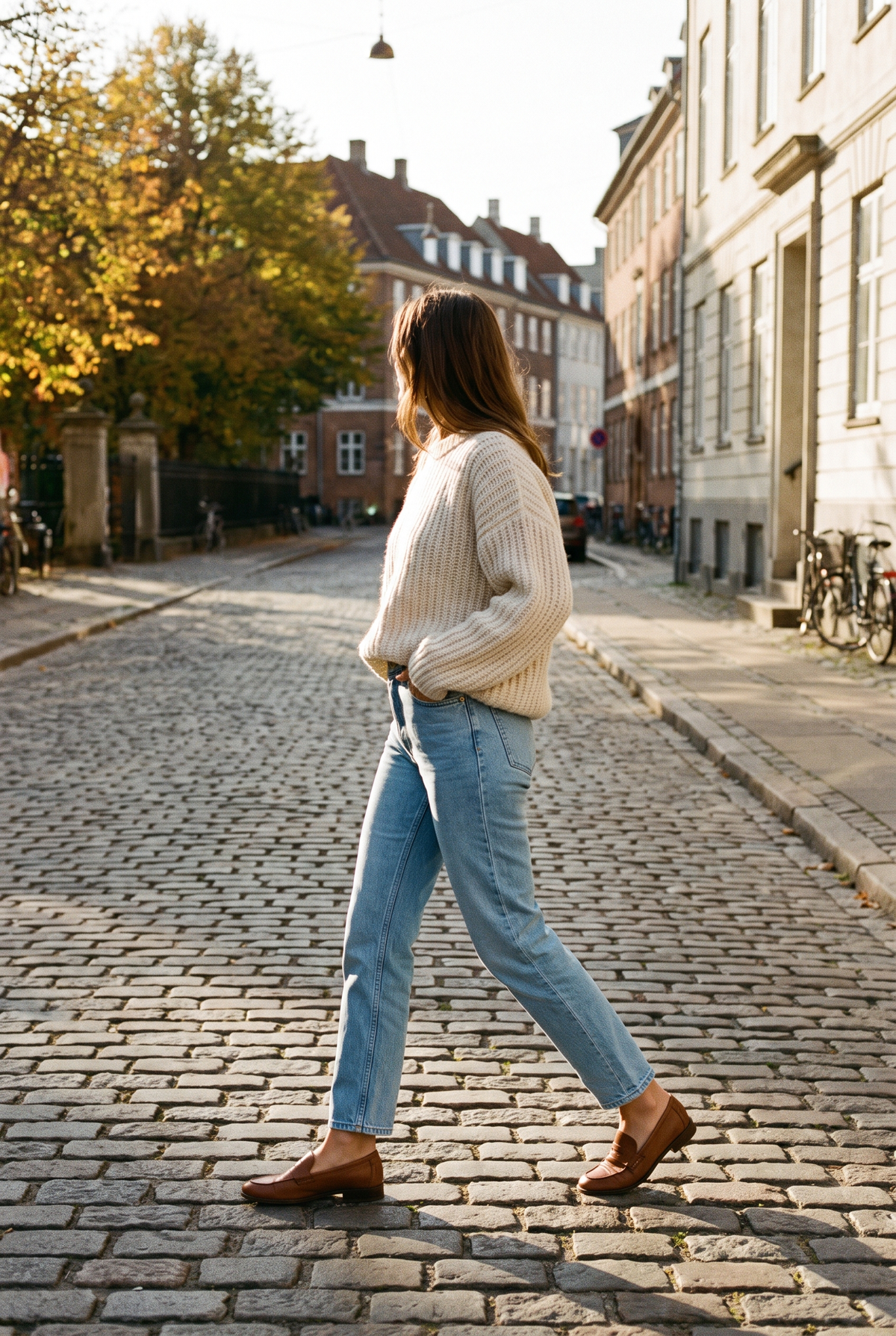 Kvinna i ljusblå raka jeans, cremevit stickad tröja och bruna loafers som går på en kullerstensgata i höstsol, jeansen slutar precis vid vristen