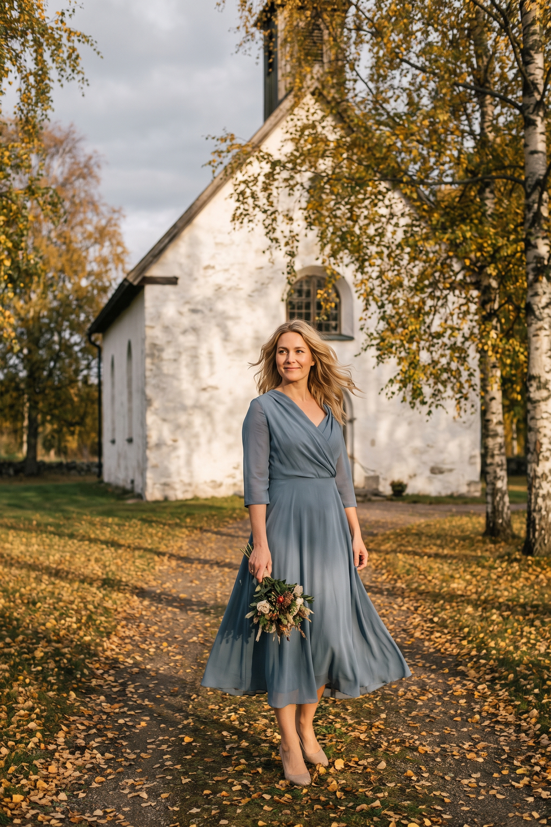 Kvinna i dimblå midiklänning utanför en vitkalkad lantkyrka en höstdag