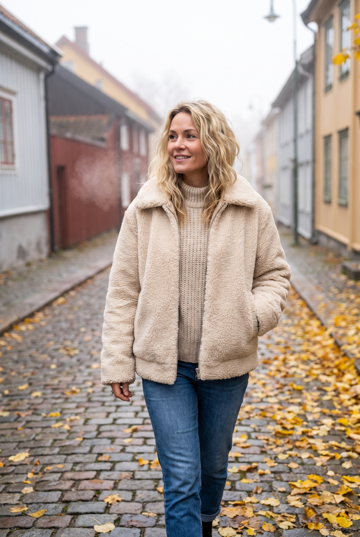 Kvinna i mjuk teddyjacka av fleece på en kall höstpromenad