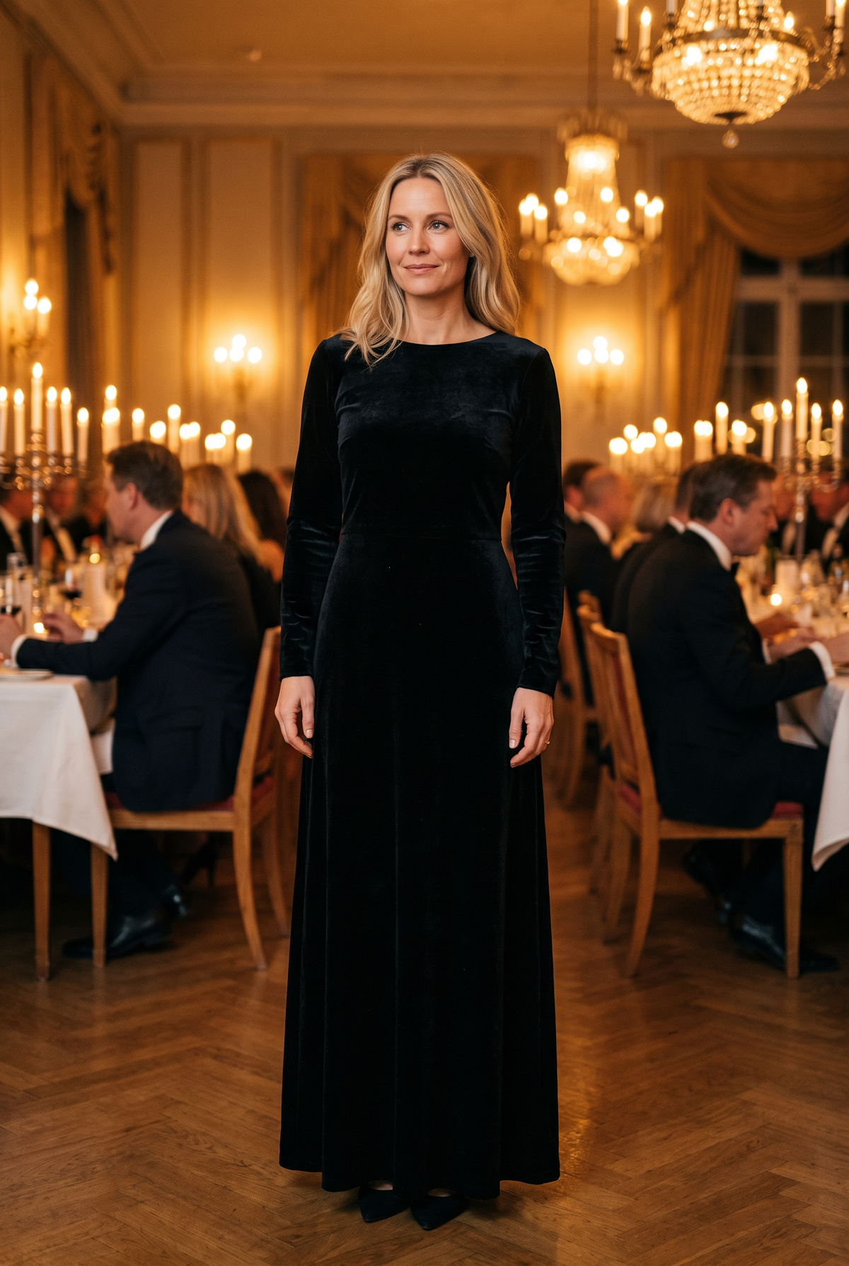 Kvinna i lång svart aftonklänning i sammet på en elegant smokingfest