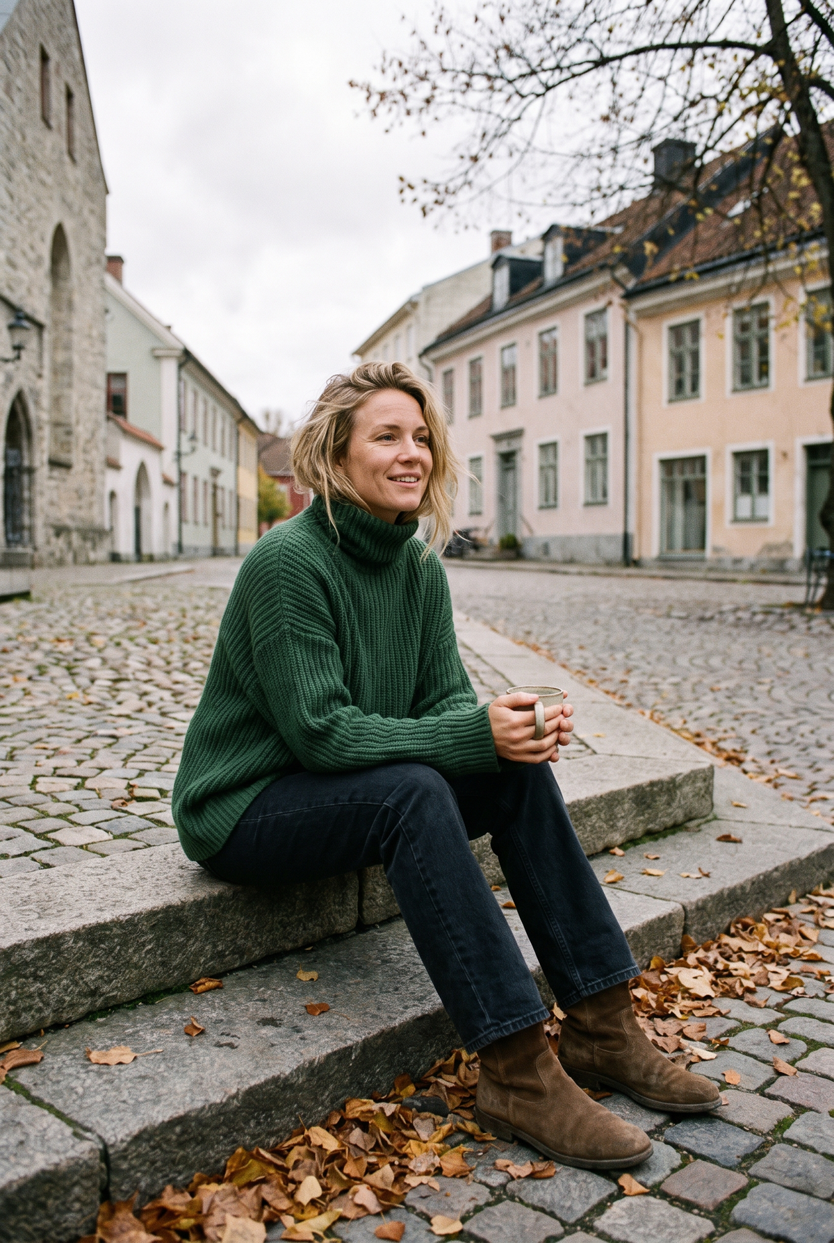 Kvinna i grön ribbstickad polotröja och jeans på en trappa i en gammal stad i höst