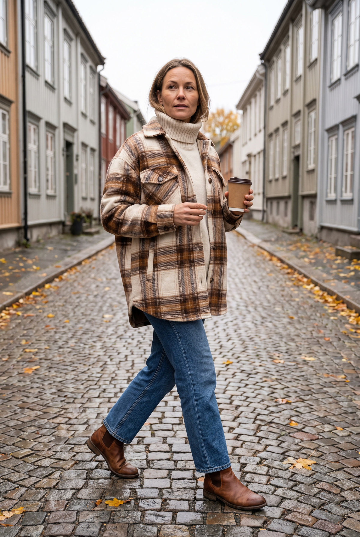 Kvinna i rutig skjortjacka, polotröja och jeans på en kullerstensgata i höst