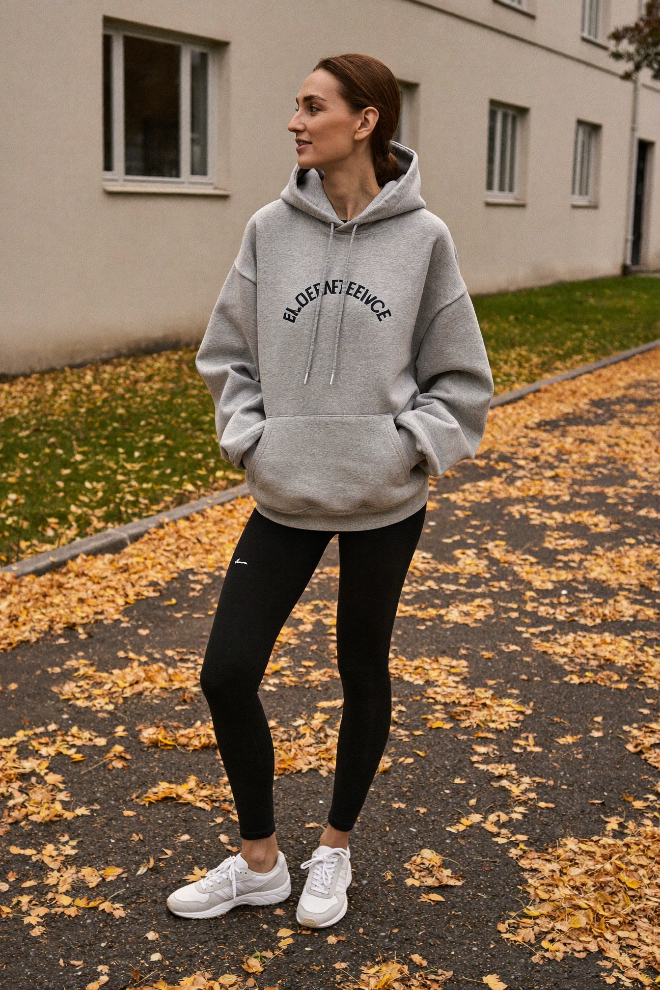 Kvinna i oversized grå hoodie dam med svarta leggings och vita sneakers utanför ett hus med höstlöv på marken