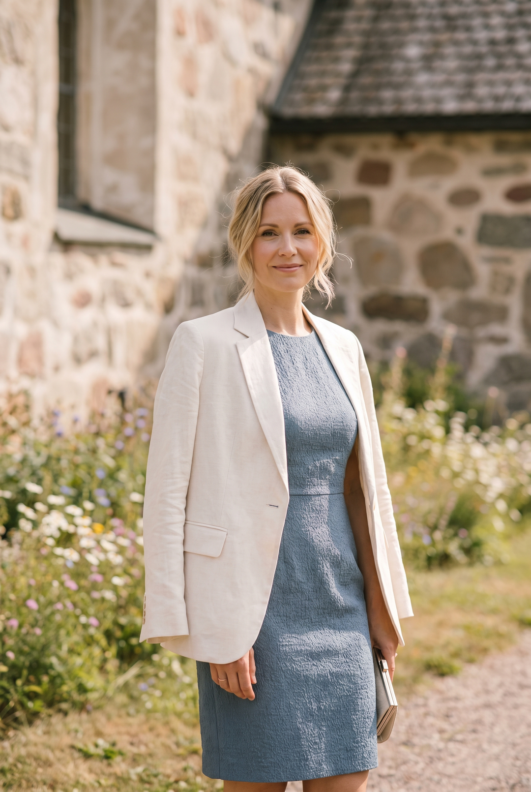 Kvinna i knälång ljusblå cocktailklänning med vit kavaj utanför en kyrka på ett sommarbröllop