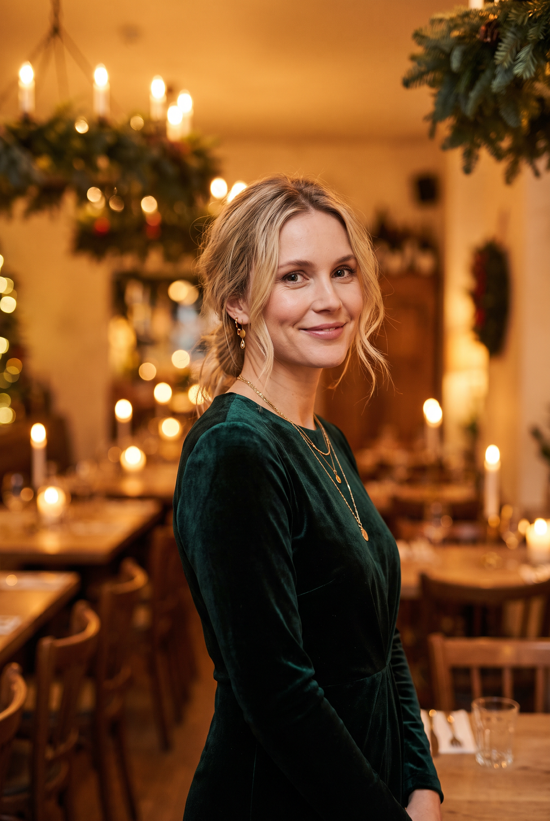 Kvinna i mörkgrön sammetsklänning på julbord i en varmt upplyst restaurang
