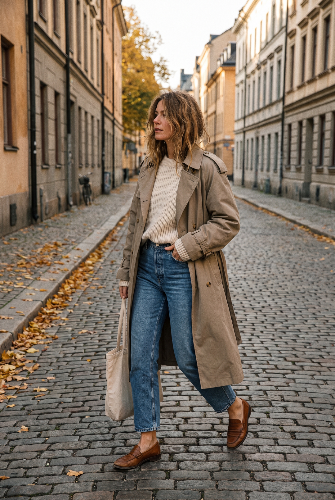Kvinna i högmidjade cropped jeans och loafers på en stadsgata i höstljus